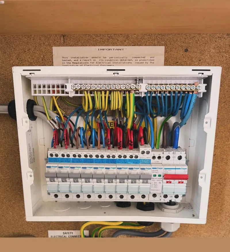An open Hager consumer unit fitted by Solas, with neatly dressed cables, a row of RCBOs, a surge protection device and a red main switch